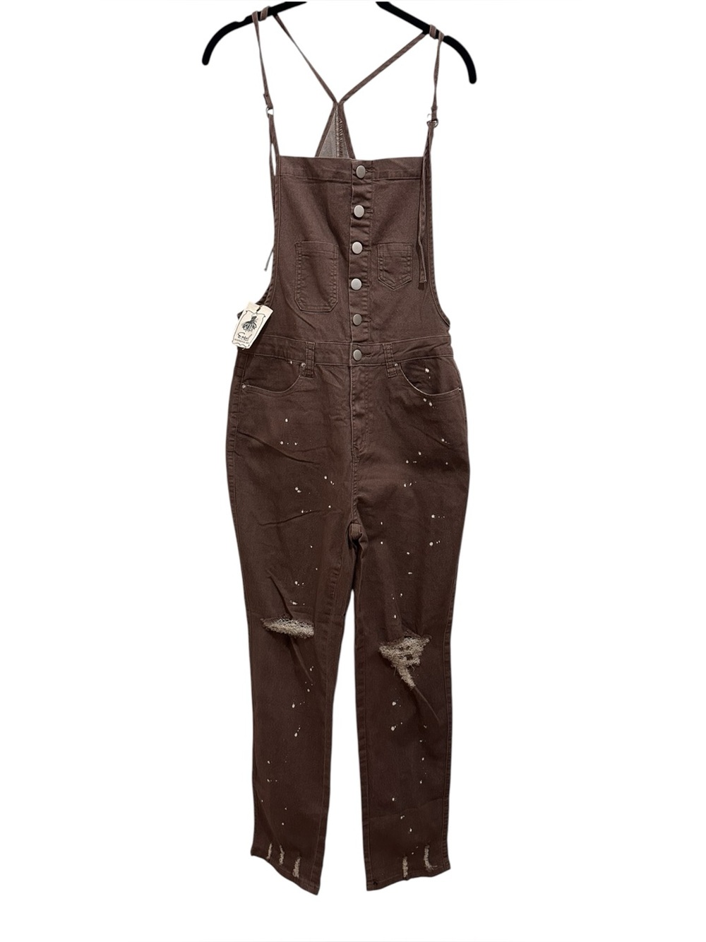 Distressed Brown Paint-Splatter Women's Denim Overalls